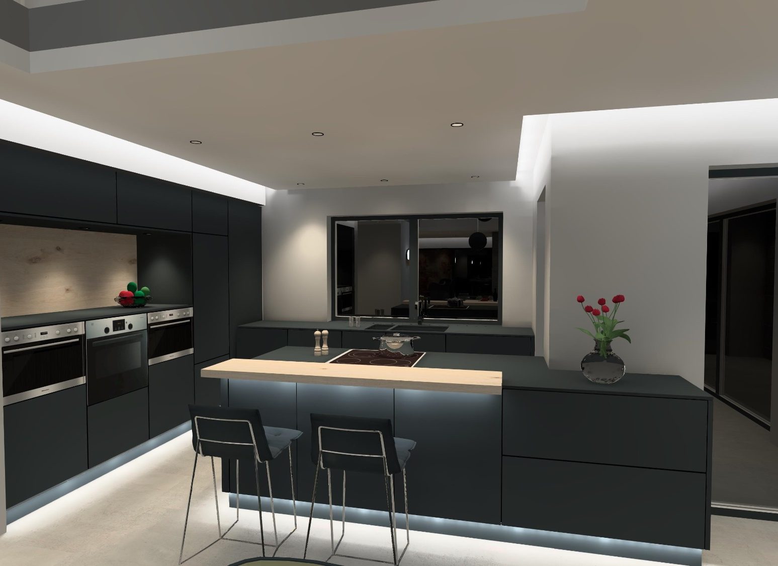 Moderne Küche mit dunklen Schränken, Kücheninseln, beleuchtetem Raum und Pflanzen.