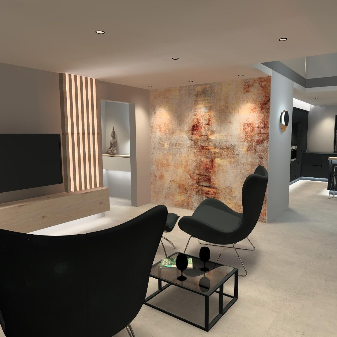 Moderne Wohnzimmergestaltung mit gemütlichen Stühlen, einem TV und einem eleganten Wanddesign.