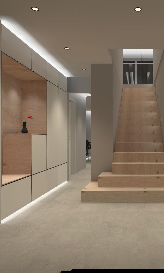 Moderne Treppe aus Holz in einem hellen, minimalistischen Raum mit Wandbeleuchtung.