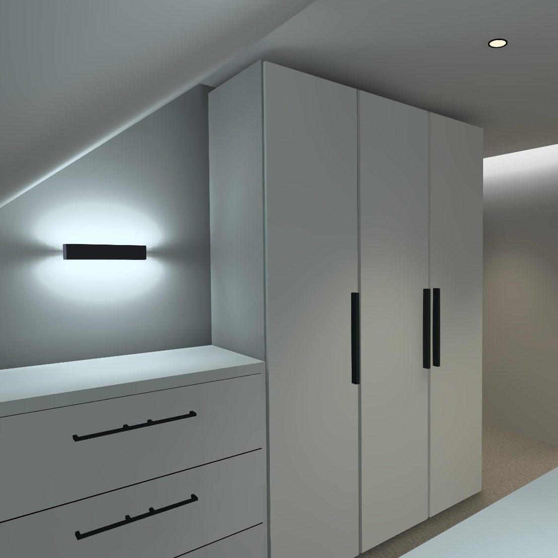 Moderne Schlafzimmermöbel mit einem weißen Schrank und einer Wandleuchte.