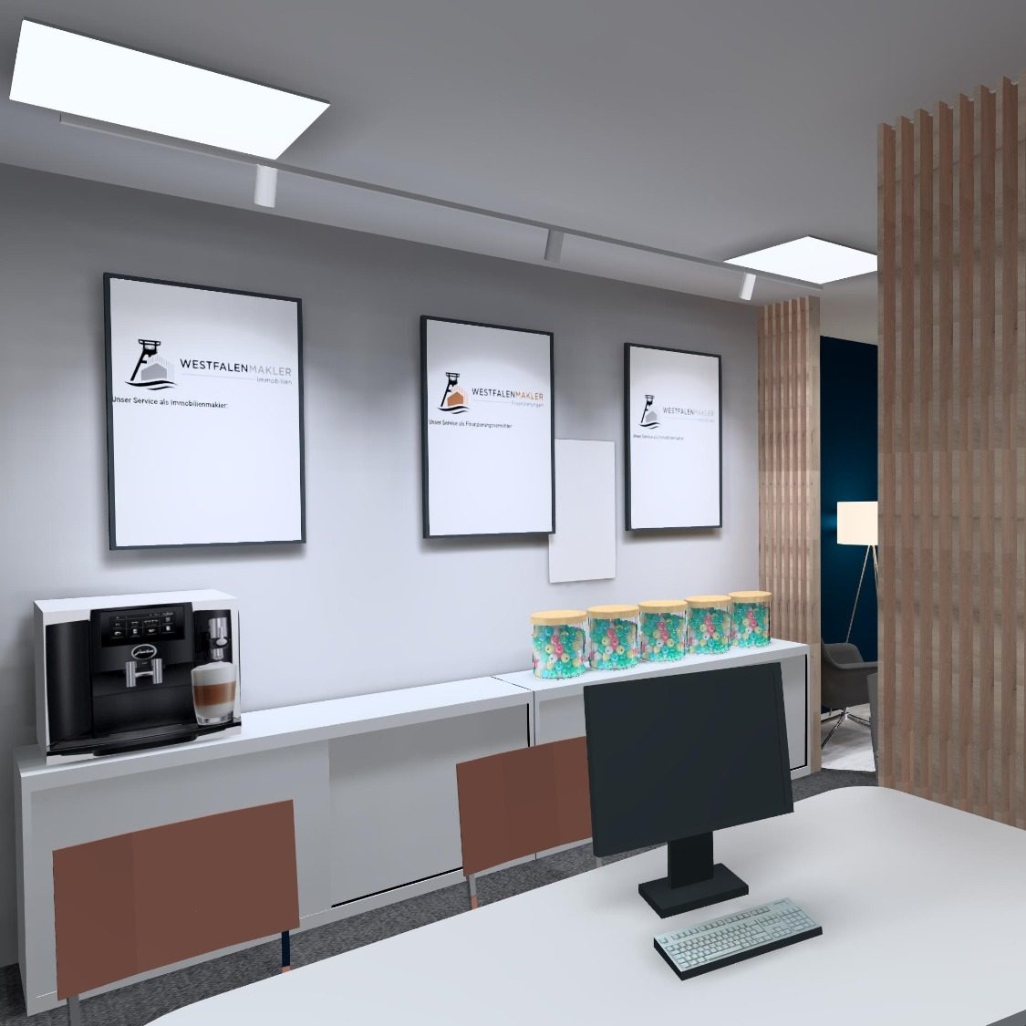 Moderne Büroumgebung mit Kaffeemaschine, Computer und dekorativen Wandbildern.