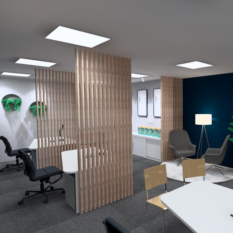 Moderne Büroräume mit Holztrennwänden, Designerstuhl und hellen Wänden.