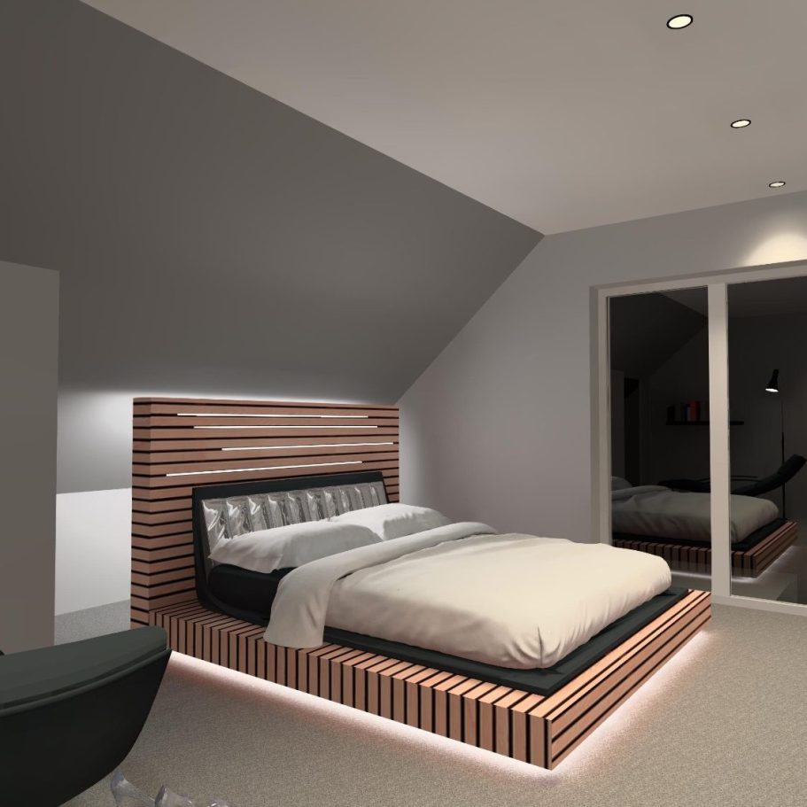 Moderne Schlafzimmergestaltung mit Holzbettrahmen und sanfter Beleuchtung.