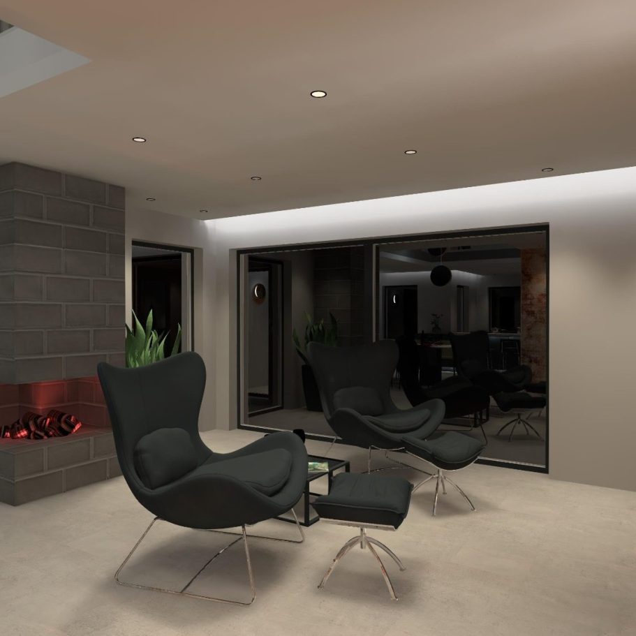 Moderne Wohnlandschaft mit zwei schwarzen Stühlen und Kamin, schick und minimalistisch.