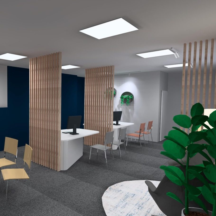 Moderne Büroumgebung mit Einzelarbeitsplätzen und Grünpflanzen.